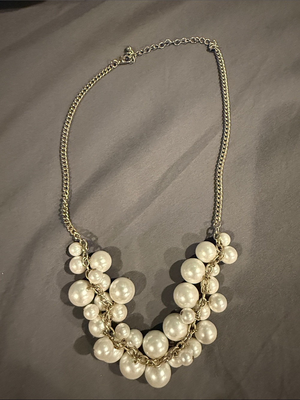 Cream Faux Pearl Cluster Necklace with Gold Tone Chain